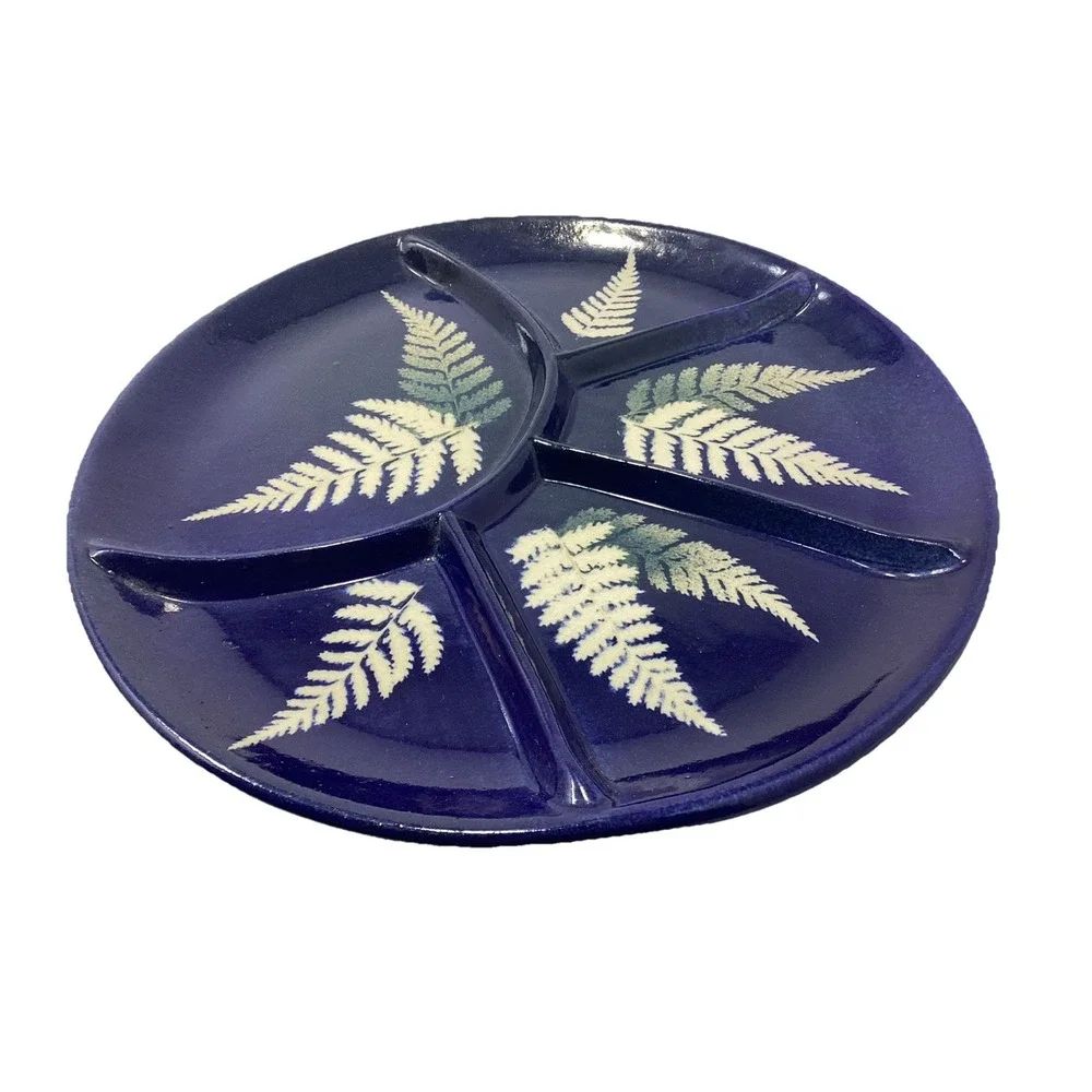 Art Pottery Divided Plate Dish Blue Glaze Fern Details Unsigned Unmarked 9